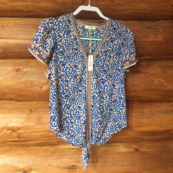Max Studio Womens Flutter Sleeve Blue Coral Waist Tie NWT Blouse Size Medium - Picture 1 of 8